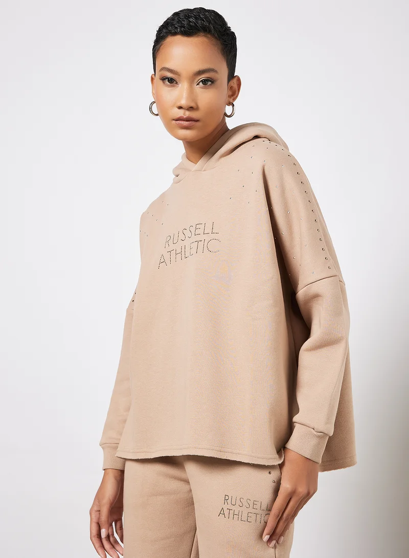 Russell Athletic Logo Embellished Hoodie Beige