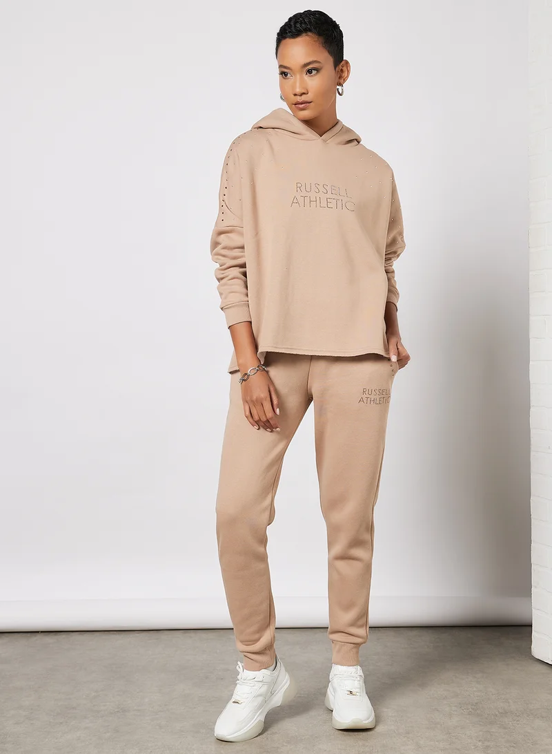 Russell Athletic Logo Embellished Hoodie Beige