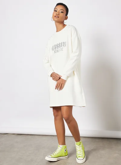 Russell Athletic Logo Embellished Sweatshirt Dress Ivory