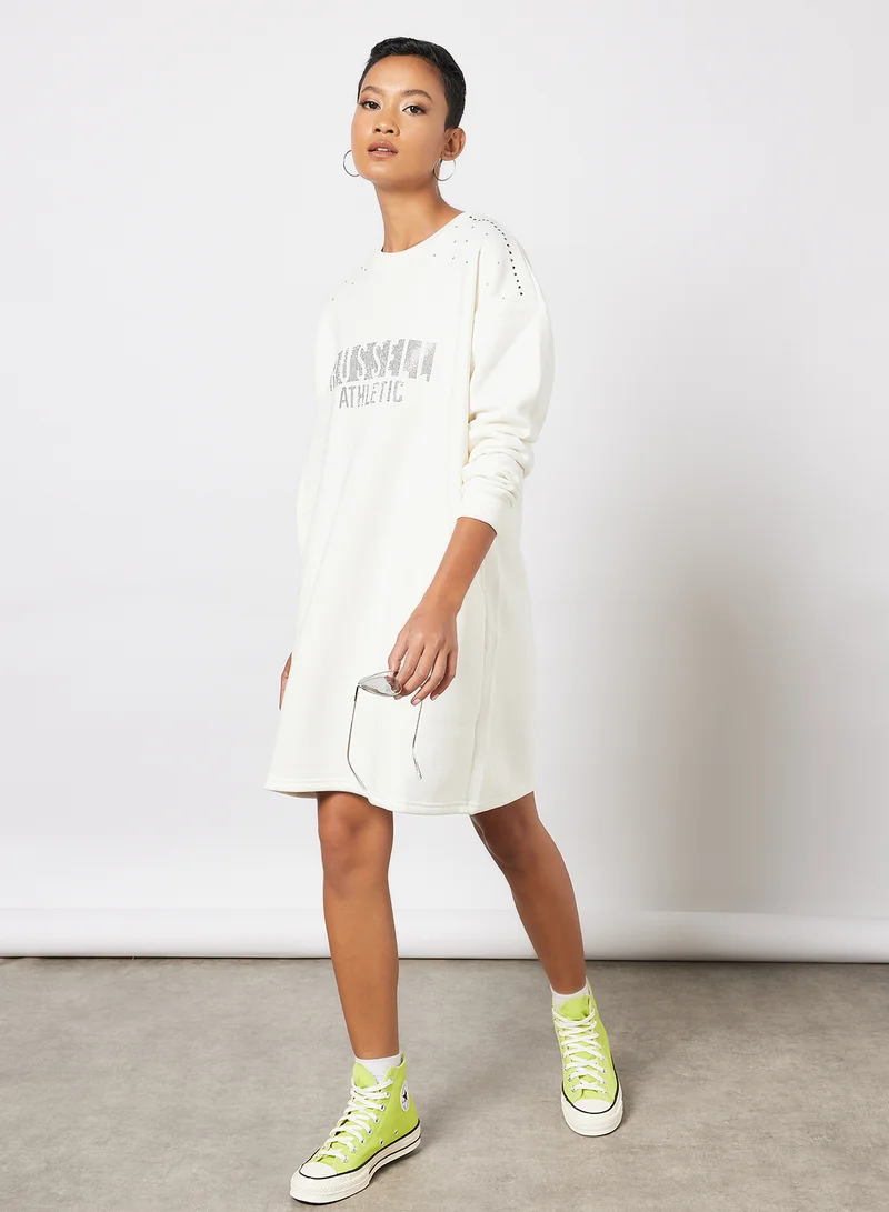 Russell Athletic Logo Embellished Sweatshirt Dress Ivory