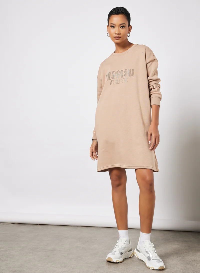 Russell Athletic Logo Embellished Sweatshirt Dress Beige