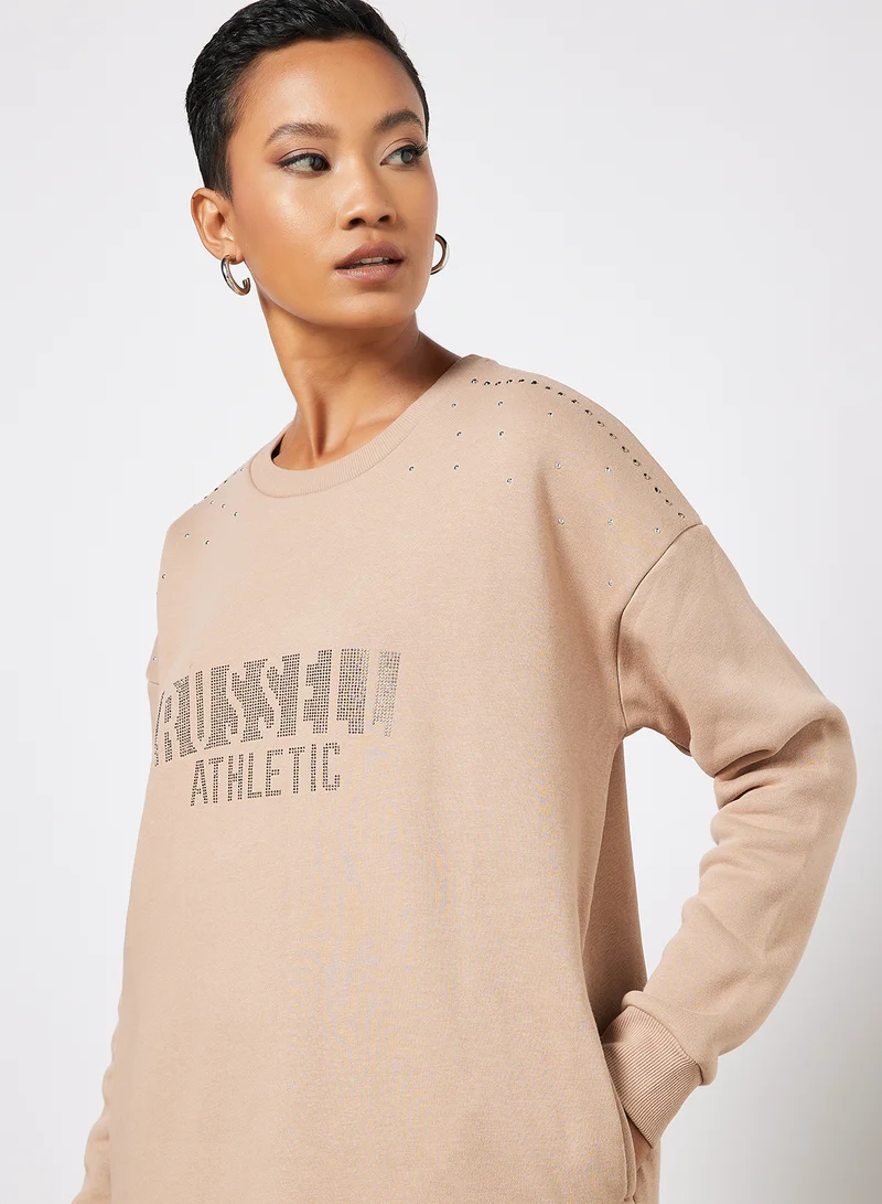 Russell Athletic Logo Embellished Sweatshirt Dress Beige