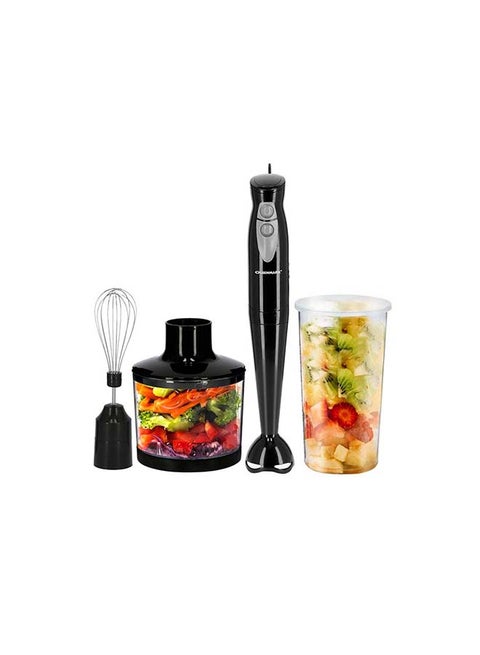 Hand Blender with Chopper,  Stainless Steel Blade, Two Speed Operation, 600ml Jar with Lid, Detachable Stick & Hang Up Loop and Anti-Splash Bade Guard OMHB2286 Black/Clear/Silver