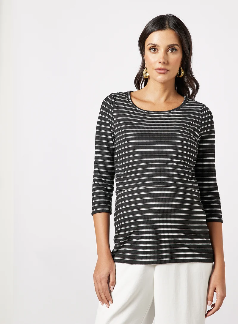 ماما ليشز Maternity Striped Nursing Top Black