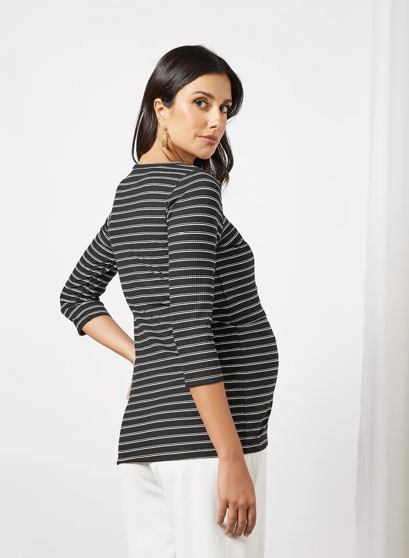ماما ليشز Maternity Striped Nursing Top Black