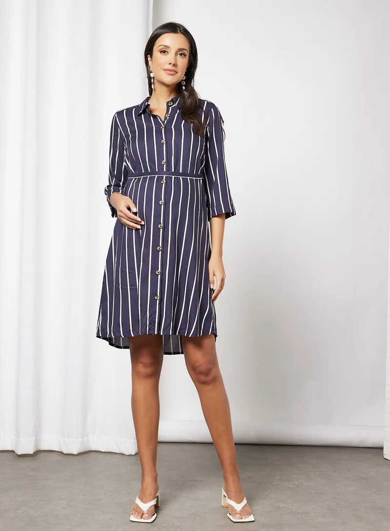 ماما ليشز Maternity Striped Shirt Dress Navy