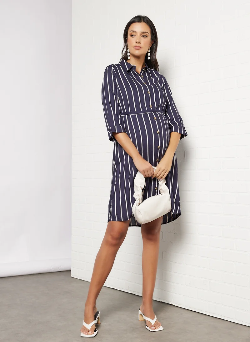 ماما ليشز Maternity Striped Shirt Dress Navy