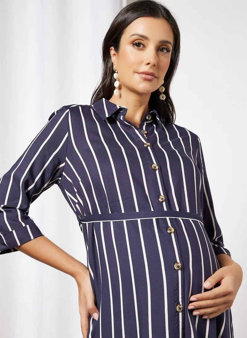 ماما ليشز Maternity Striped Shirt Dress Navy