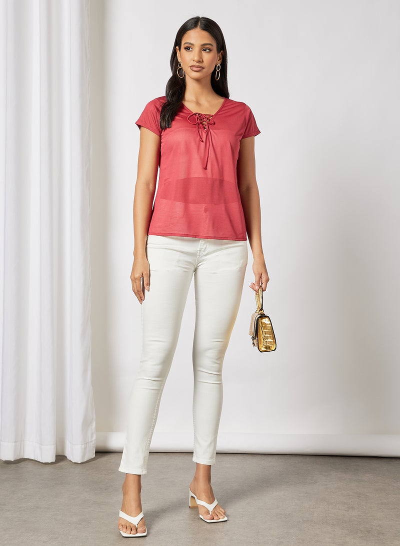 Aila Tie Up Neck Plain Top Red  - Image 4