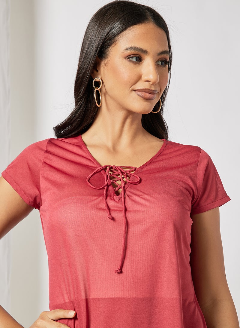 Aila Tie Up Neck Plain Top Red  - Image 3