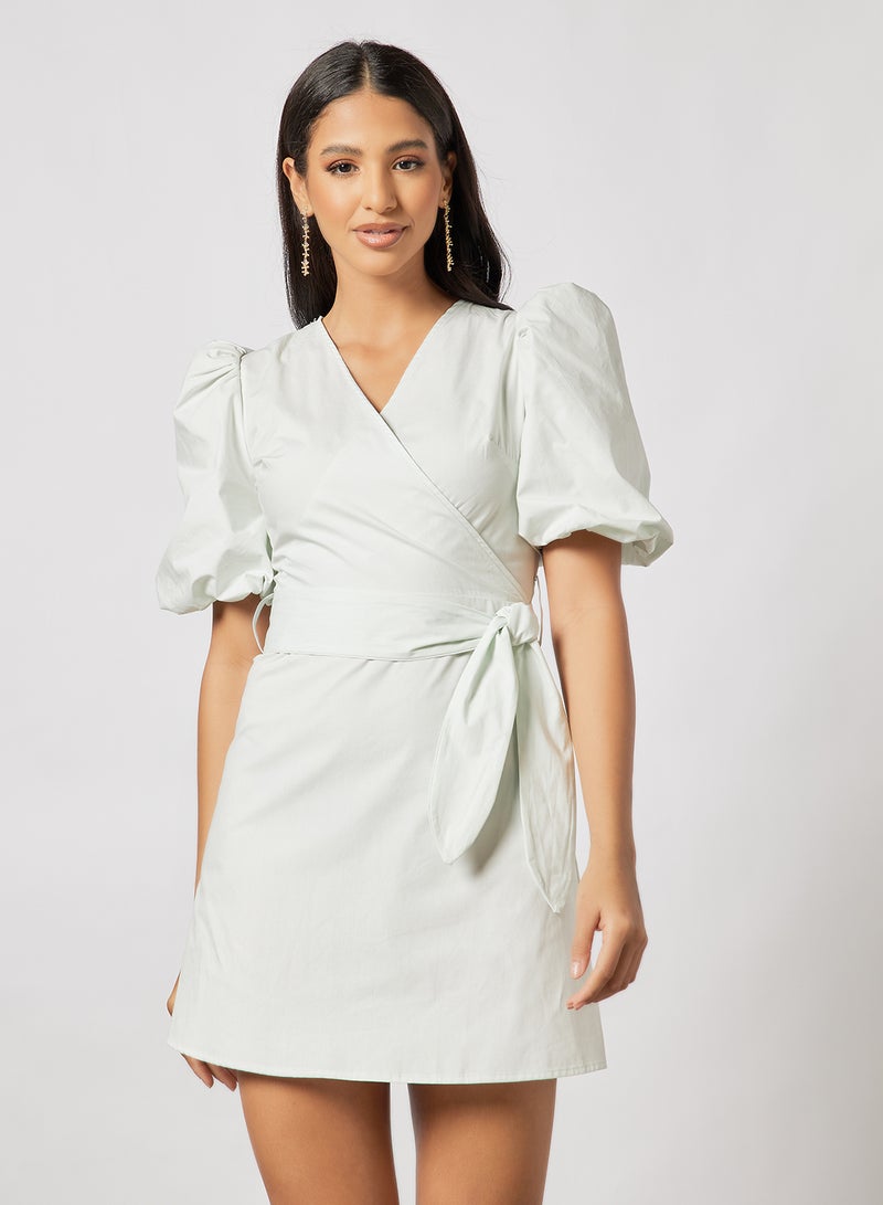 Aila Casual Criss Cross V-Neck Puff Sleeve Plain/Basic Mini Dress With Belt Light Green  - Image 1