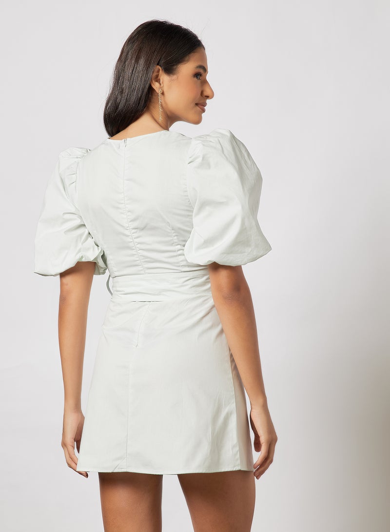 Aila Casual Criss Cross V-Neck Puff Sleeve Plain/Basic Mini Dress With Belt Light Green  - Image 2