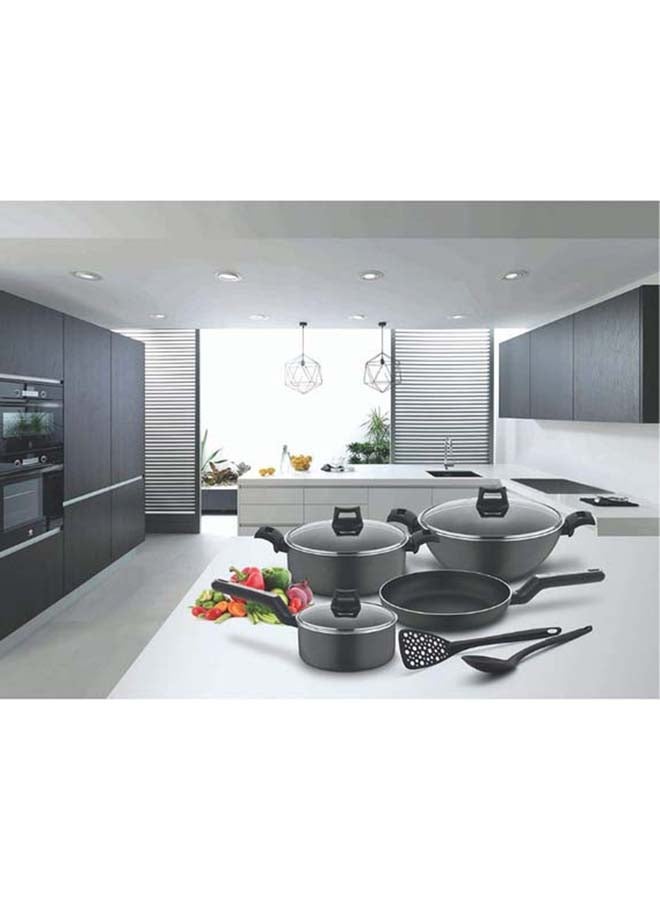 BLACK+DECKER - 9-Piece Non-Stick Cookware Set (Fry Pan, Casserole, Saucepan, Kadai, 3 Lids & 2 Spatulas) with 5 Layer PTFE Non-Stick Spray Coating BXSGS09BME Black 4.7kg - Image 1