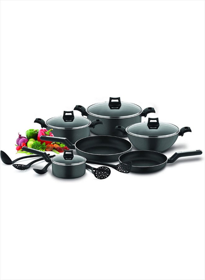 15-Piece Non-Stick Cookware Set (2 Fry Pans, 2 Casseroles, Saucepan, Kadai, 4 Lids & 5 Spatulas) with 5 Layer PTFE Non-Stick Spray Coating BXSGS15BME Black 7.69kg