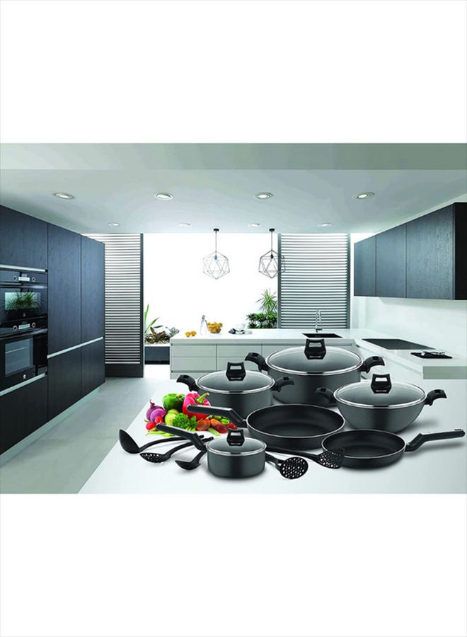 15-Piece Non-Stick Cookware Set (2 Fry Pans, 2 Casseroles, Saucepan, Kadai, 4 Lids & 5 Spatulas) with 5 Layer PTFE Non-Stick Spray Coating BXSGS15BME Black 7.69kg