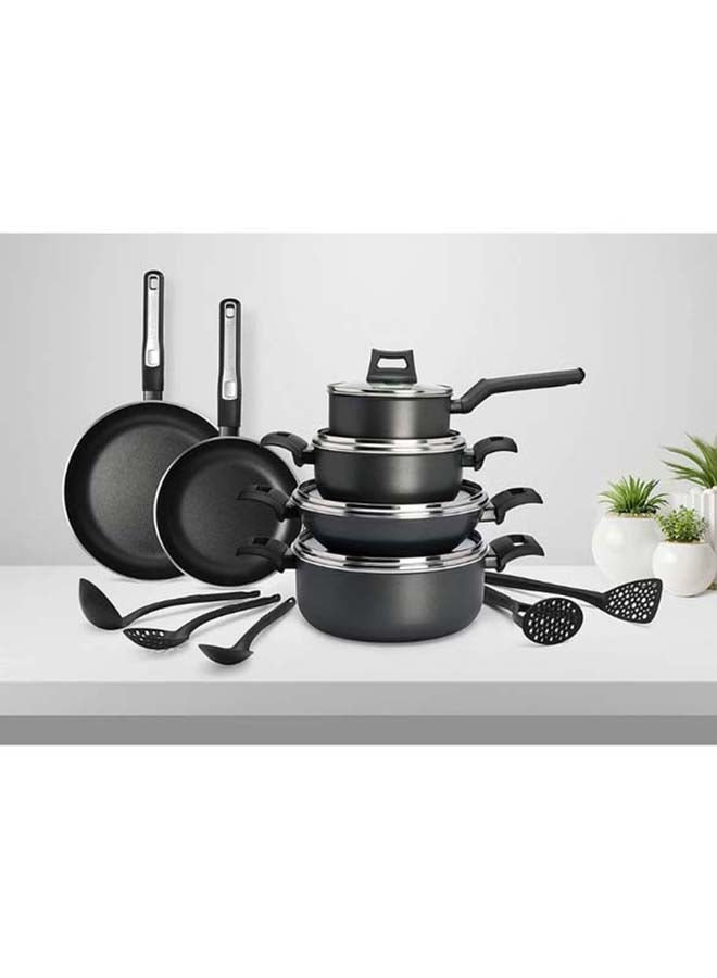 15-Piece Non-Stick Cookware Set (2 Fry Pans, 2 Casseroles, Saucepan, Kadai, 4 Lids & 5 Spatulas) with 5 Layer PTFE Non-Stick Spray Coating BXSGS15BME Black 7.69kg