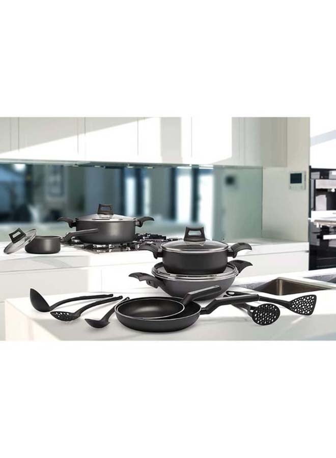 15-Piece Non-Stick Cookware Set (2 Fry Pans, 2 Casseroles, Saucepan, Kadai, 4 Lids & 5 Spatulas) with 5 Layer PTFE Non-Stick Spray Coating BXSGS15BME Black 7.69kg