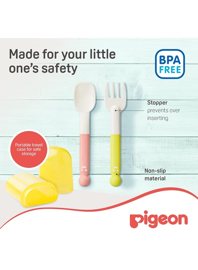 pigeon - Self-Wean Spoon And Fork Set - Pink/Yellow/White - Image 1