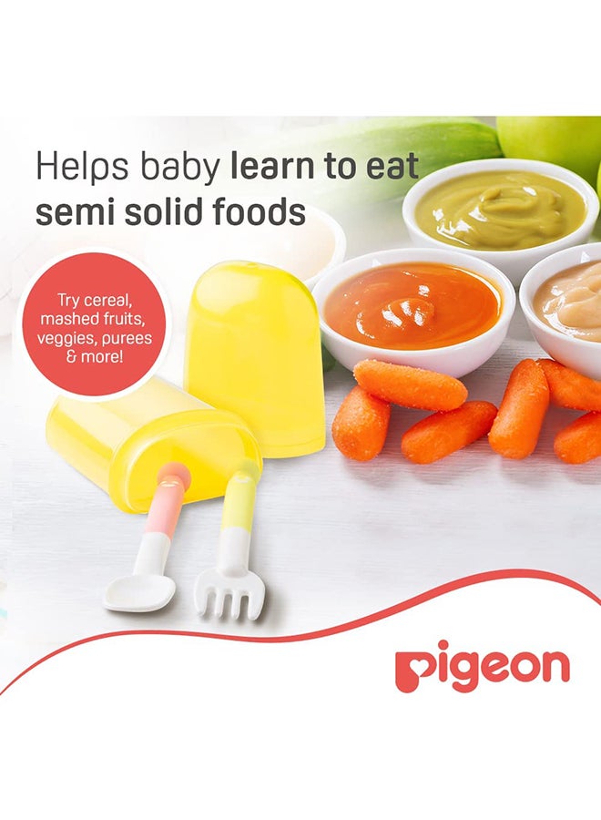 pigeon - Self-Wean Spoon And Fork Set - Pink/Yellow/White - Image 1