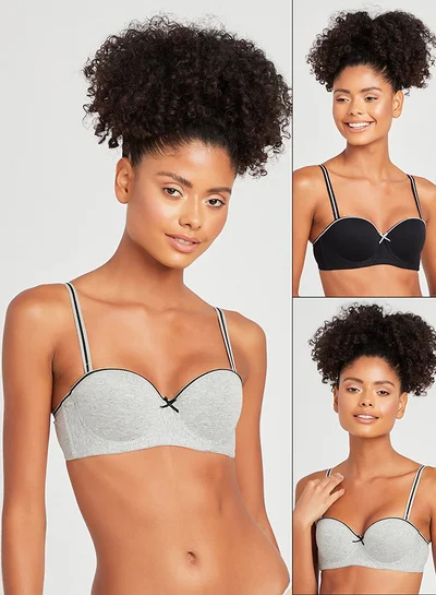 Closet By Styli Pack Of 2 - Cotton Padded Non Wired Contrast Neck Trim Balconette Bra Multicolour