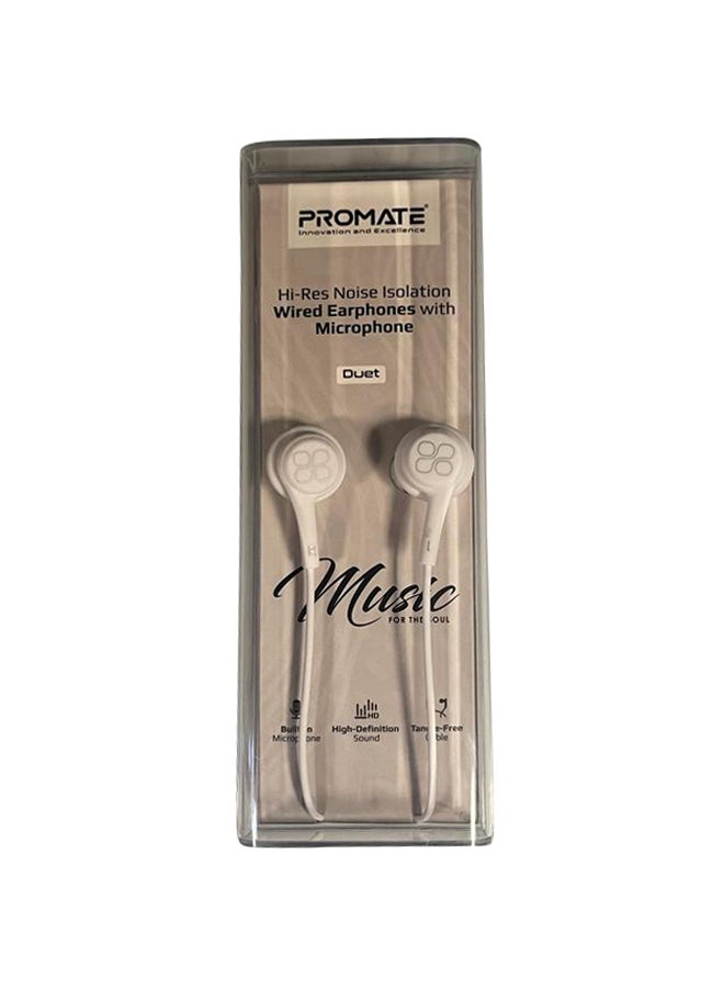 PROMATE - Universal Dynamic Hi-Res Noise Isolating Wired Earphones with Built-In Mic, Remote Control, HD Sound Quality and 120cm Tangle-Free Cord For Smartphones, Tablets, Pc, MP3 Player Duet White - Image 1