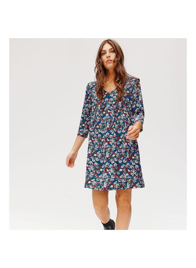 promod - Floral Frilly Dress Peacock Blue Print - Image 1