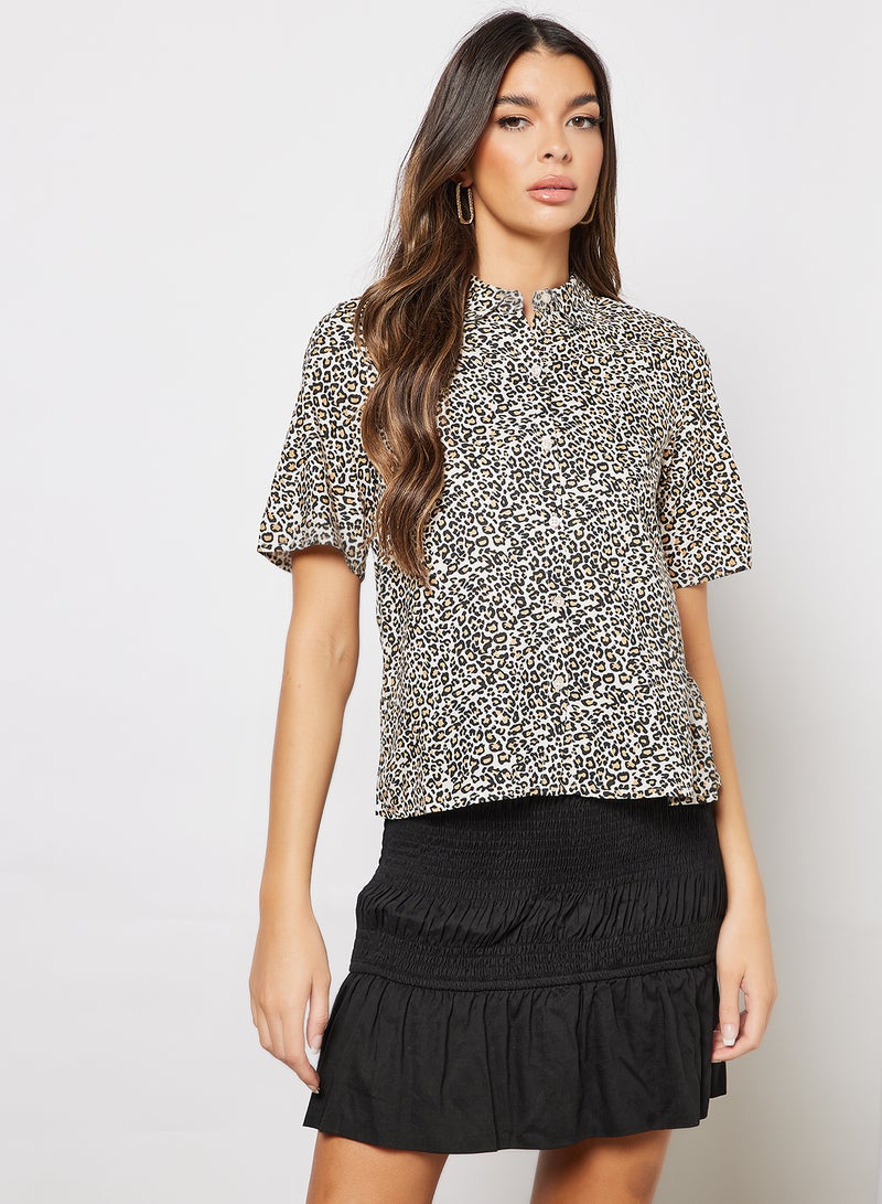 Aila Women's Casual Retro Half Sleeves Front Open Shirt Leopard  - Image 1