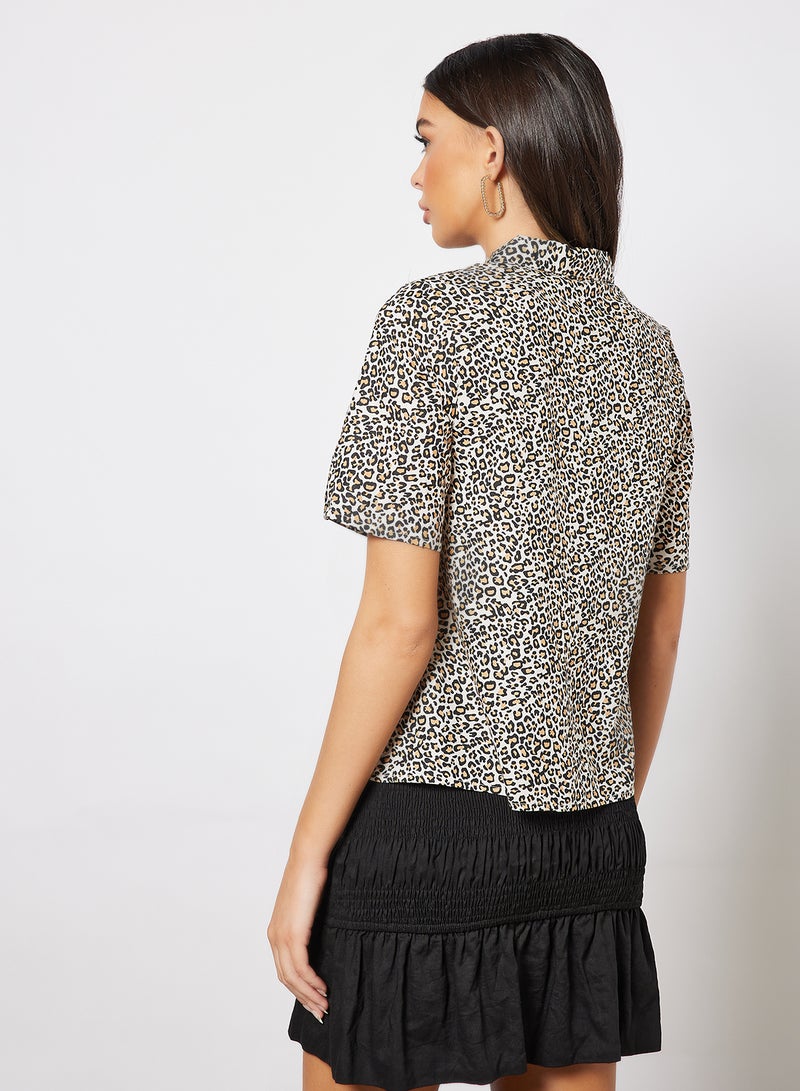 Aila Women's Casual Retro Half Sleeves Front Open Shirt Leopard  - Image 2