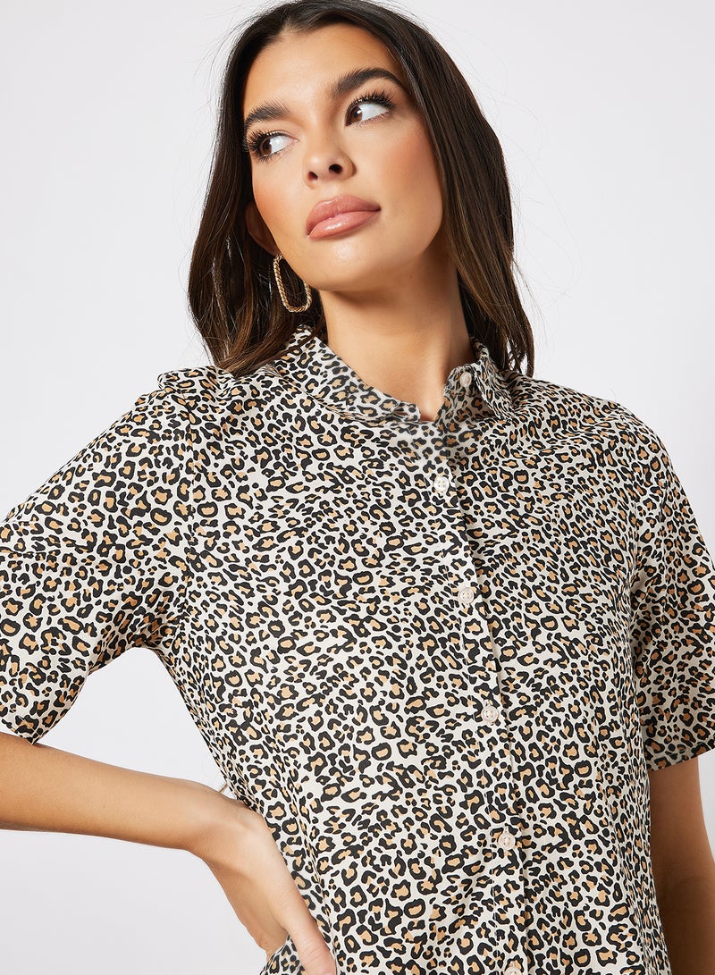 Aila Women's Casual Retro Half Sleeves Front Open Shirt Leopard  - Image 3