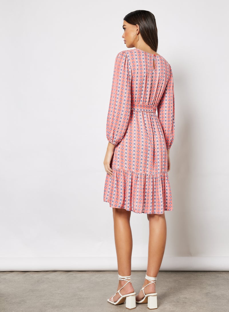 Aila - Casual Stylish Long Sleeve Tiered Printed Dress With Round Neck And A Belt Multicolour - Image 1