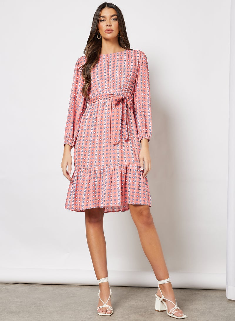 Aila - Casual Stylish Long Sleeve Tiered Printed Dress With Round Neck And A Belt Multicolour - Image 1