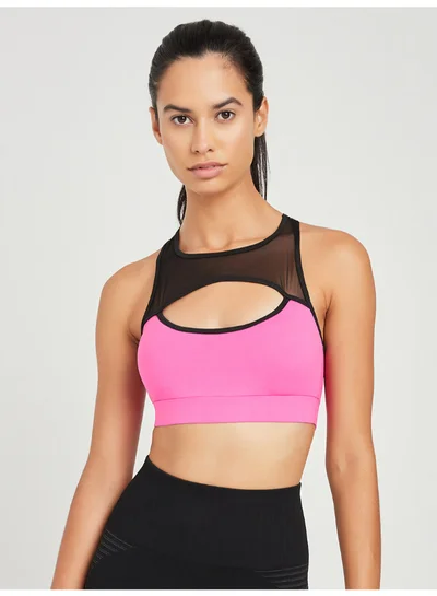 Closet By Styli Peep Front Mesh Racerback Active Sports Bra Pink/Black