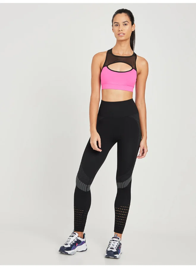 Closet By Styli Peep Front Mesh Racerback Active Sports Bra Pink/Black