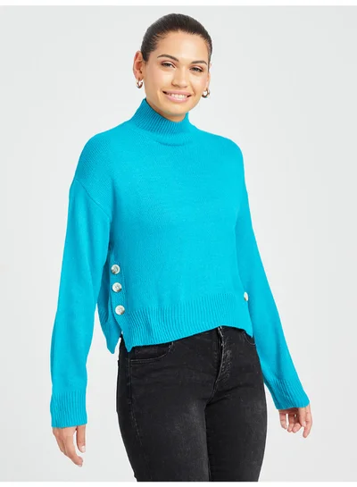 Closet By Styli Long Sleeves Side Button Detail High Neck Jumper Sweater Turquoise