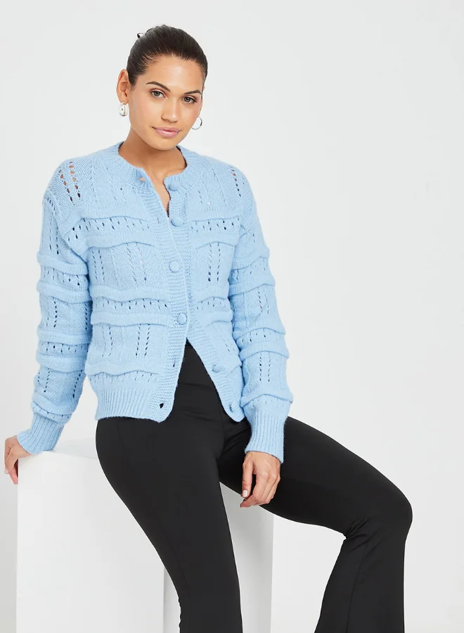 Closet By Styli Long Sleeves Textured Button Through Knitted Cardigan Blue
