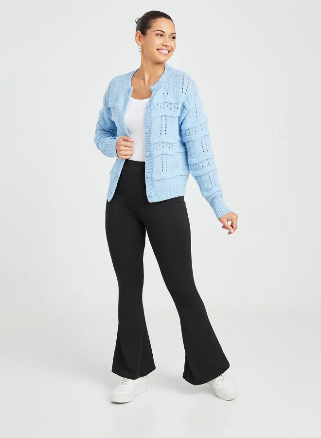 Closet By Styli Long Sleeves Textured Button Through Knitted Cardigan Blue