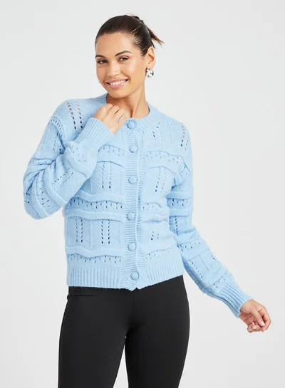 Closet By Styli Long Sleeves Textured Button Through Knitted Cardigan Blue