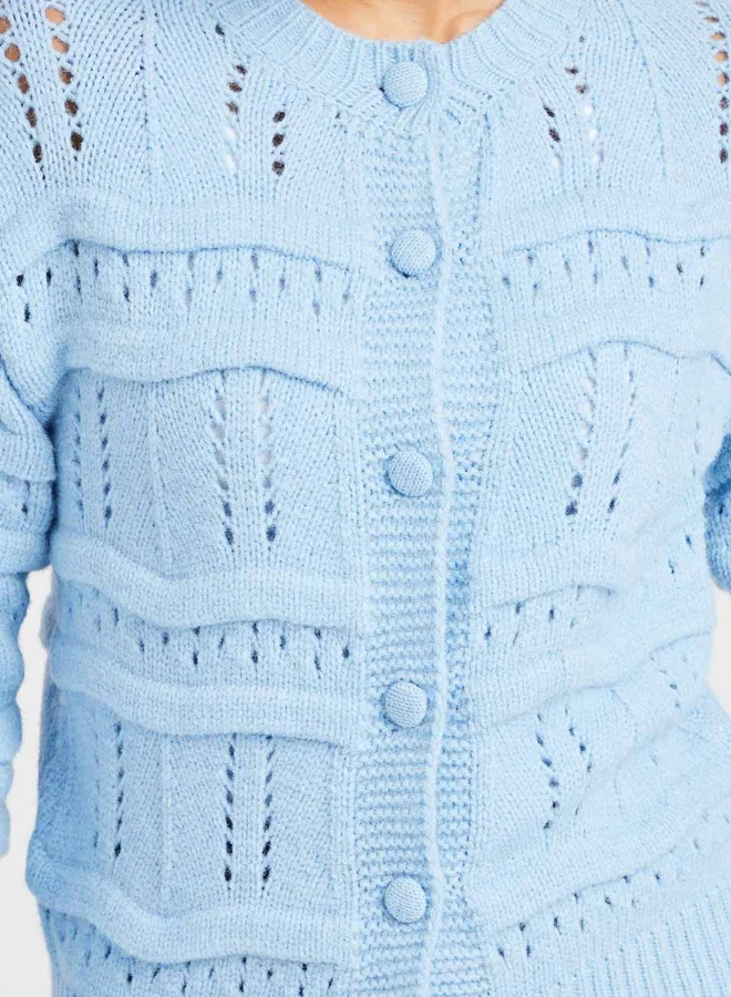 Closet By Styli Long Sleeves Textured Button Through Knitted Cardigan Blue