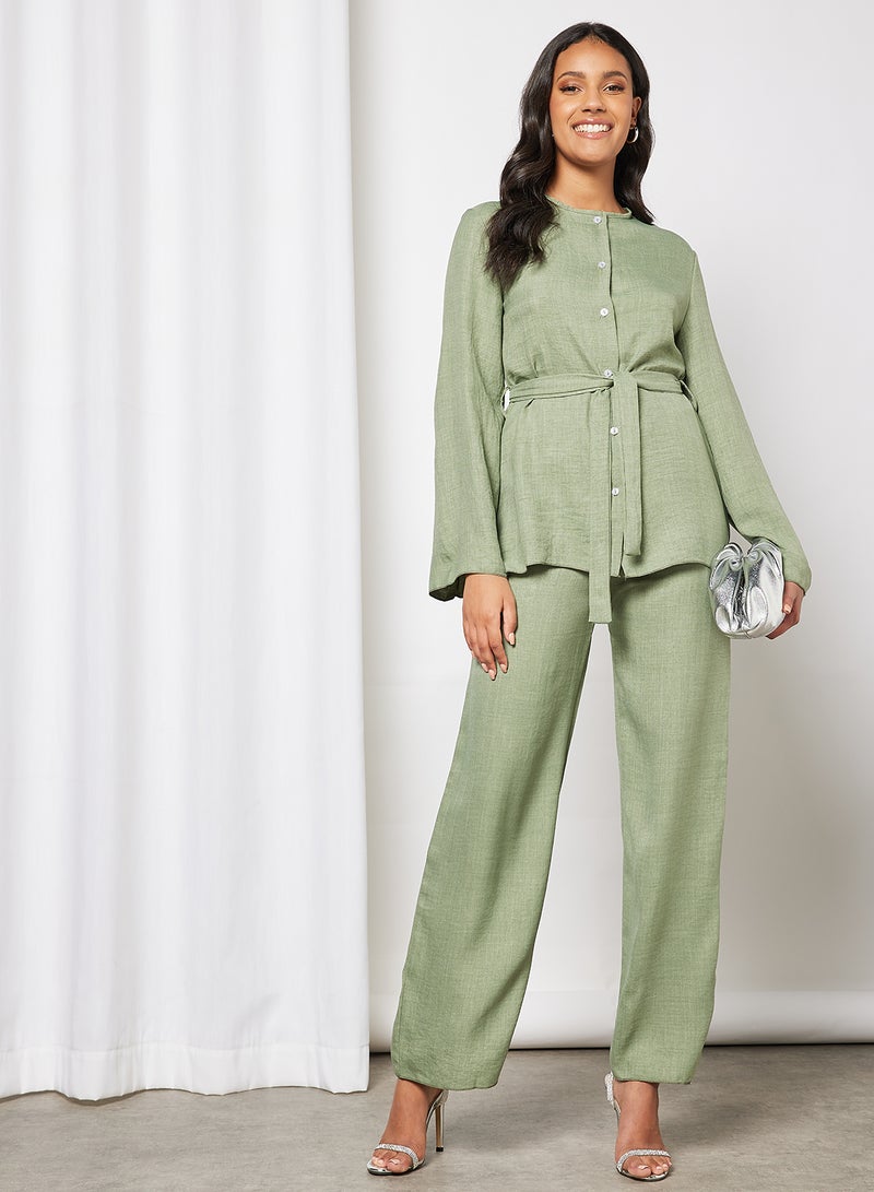 FEMME LUXE Belted Top and Wide-Leg Pants Set Sage  - Image 1