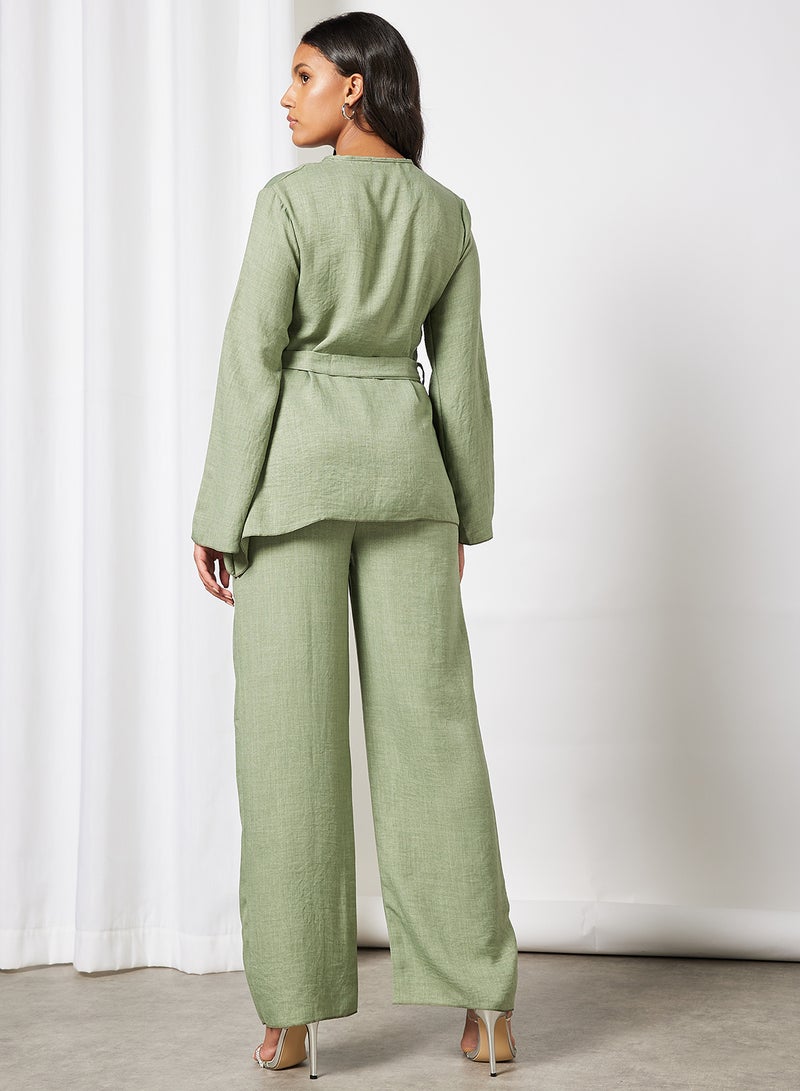 FEMME LUXE Belted Top and Wide-Leg Pants Set Sage  - Image 2