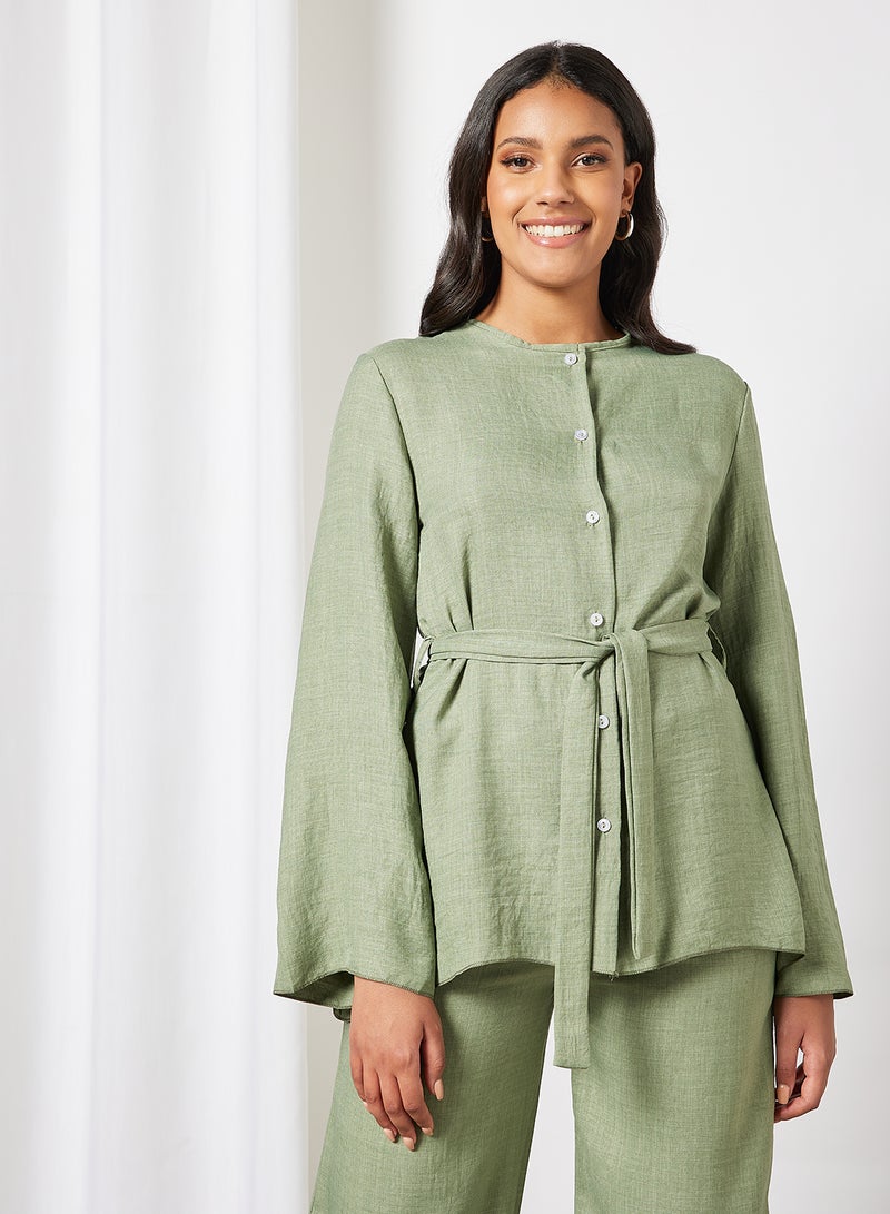 FEMME LUXE Belted Top and Wide-Leg Pants Set Sage  - Image 3