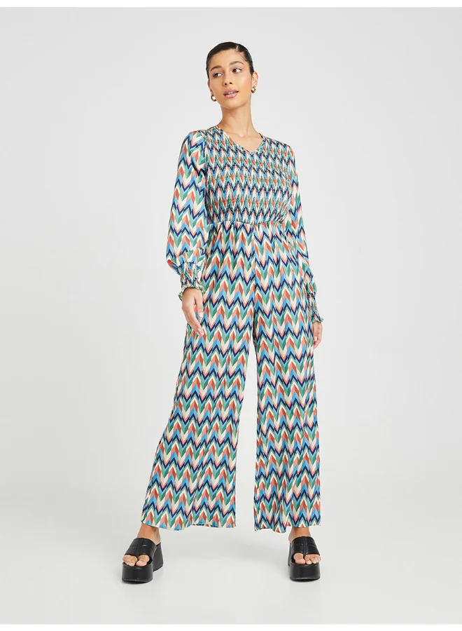 Closet By Styli Abstract Print Long Sleeve V-Neck Wide Leg Jumpsuit Multicolour