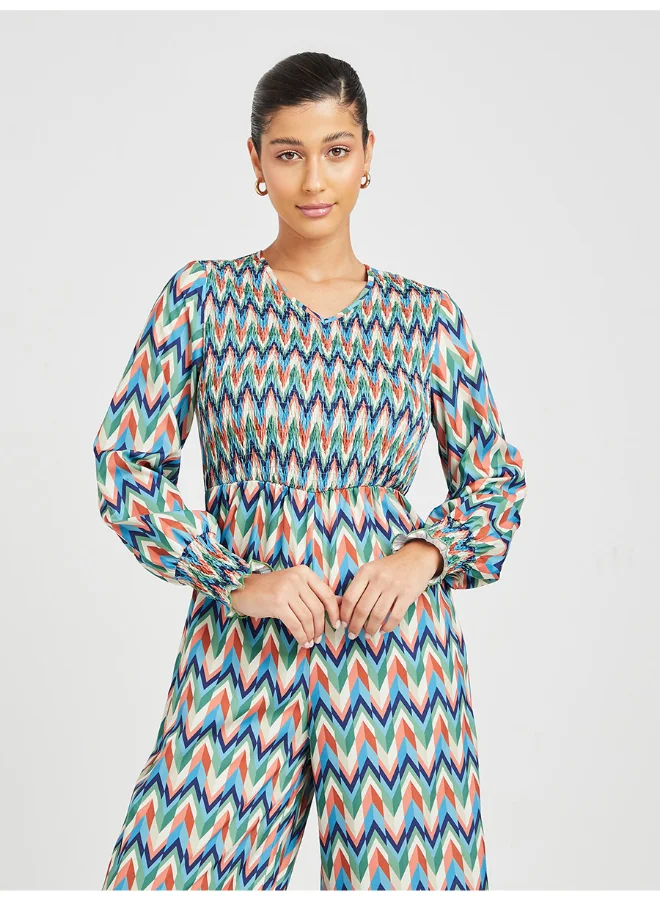 Closet By Styli Abstract Print Long Sleeve V-Neck Wide Leg Jumpsuit Multicolour