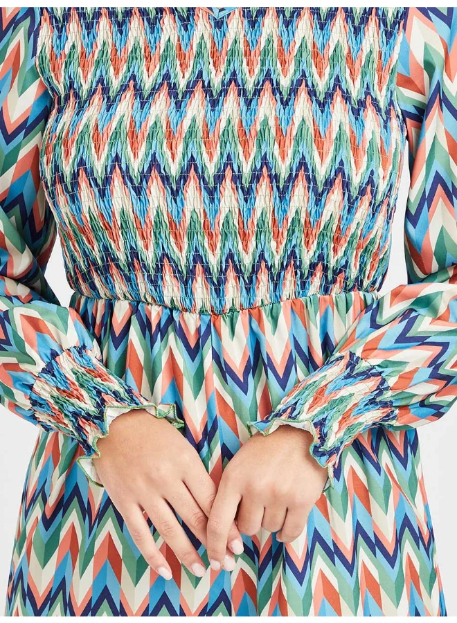 Closet By Styli Abstract Print Long Sleeve V-Neck Wide Leg Jumpsuit Multicolour