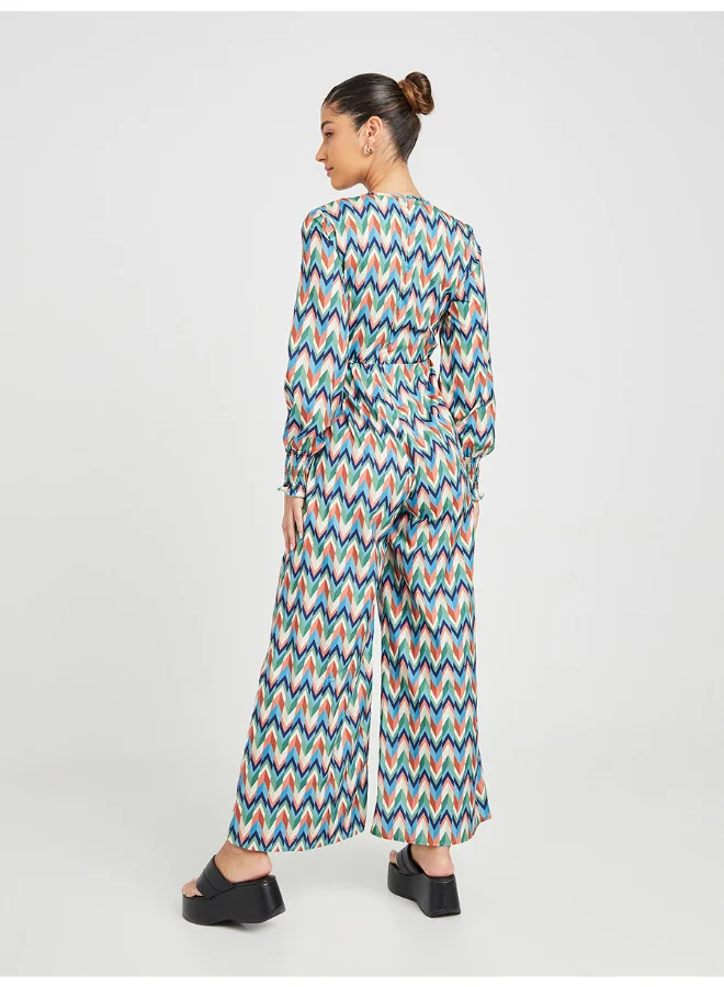 Closet By Styli Abstract Print Long Sleeve V-Neck Wide Leg Jumpsuit Multicolour