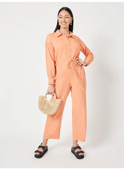 Closet By Styli Drawstring Waist Detail Button Closure Wide Leg Jumpsuit Mustard