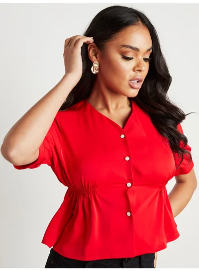 Closet By Styli Button Through V-Neck Short Sleeves Peplum Top Red