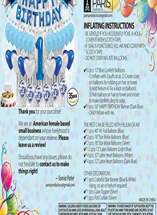 35-Piece 1st Birthday Decoration For Baby Boy First Birthday Decoration Balloon, Party Supplies Kit, Banner, Confetti Balloons, Number One Cake Topper Blue, Foil Curtain, Photo Booth Smash Cake Props Little  - Image 5