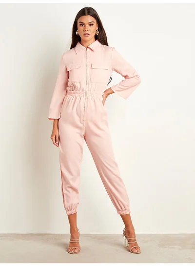 Closet By Styli Zip Front Closure Roll-Up Sleeve Jumpsuit Pink