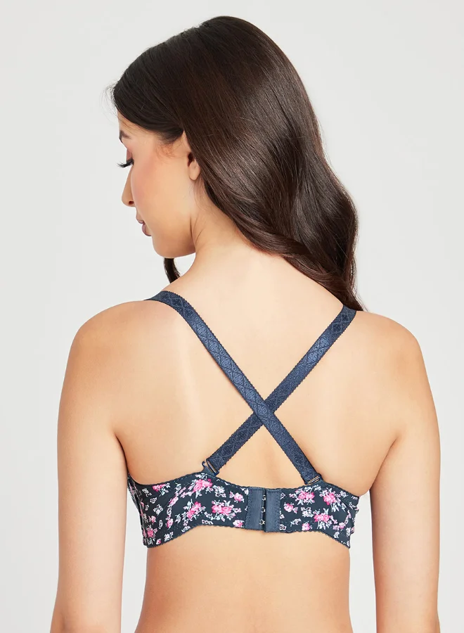 Closet By Styli Padded Wired Floral Printed Edge Plunge Bra Navy Blue